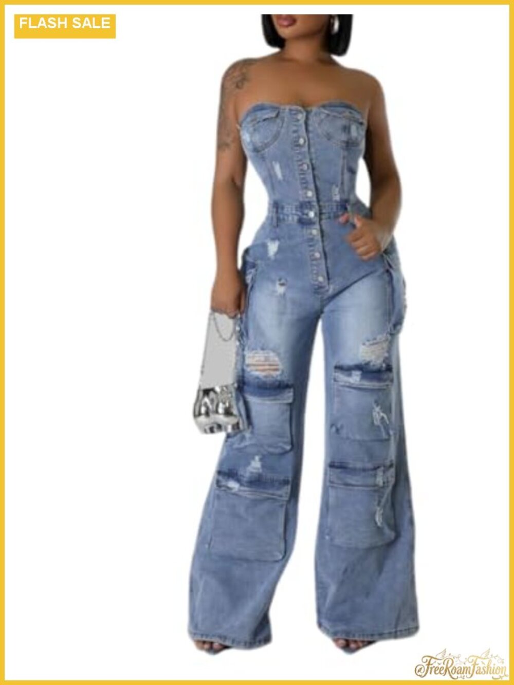 Denim Jumpsuit Strapless Multi Pockets Wide Leg Loose Baggy Jean Romper Cargo